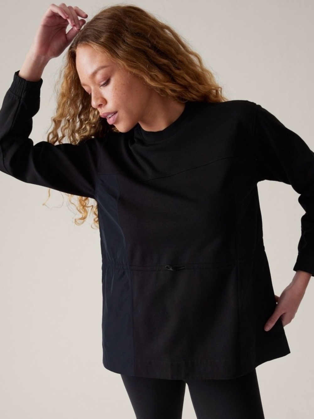 Athleta Triumph Hybrid Crew Neck Sweater Black Drawstring Waist Sweatshirt